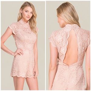 BEBE pastel scallop lace open back cocktail romper